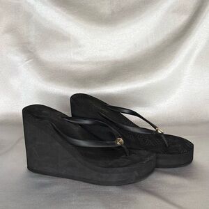bebe Black Wedge Sandals